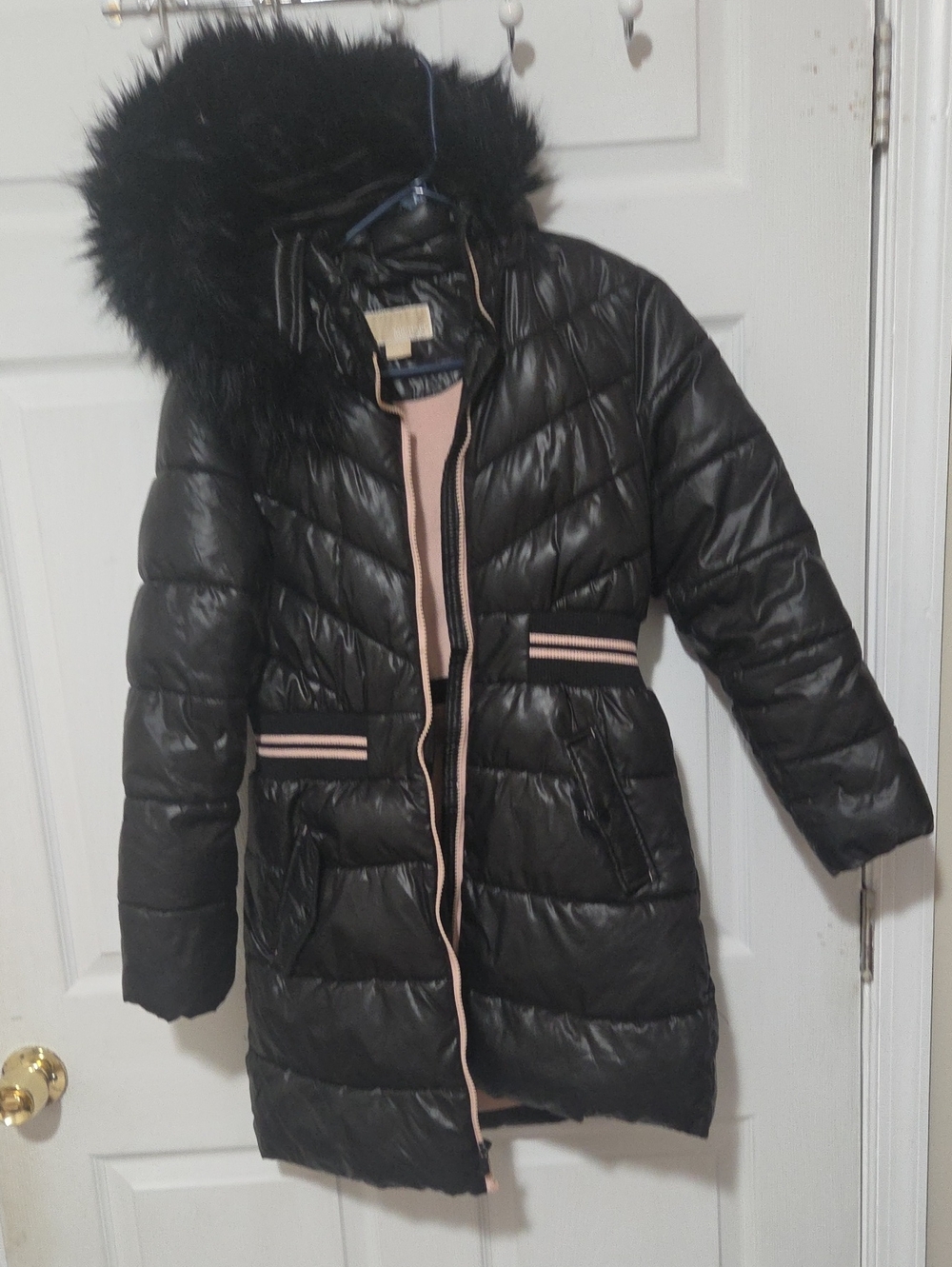 Michael Kors Black Quilted Hooded Puffer Coat with Pink Trim